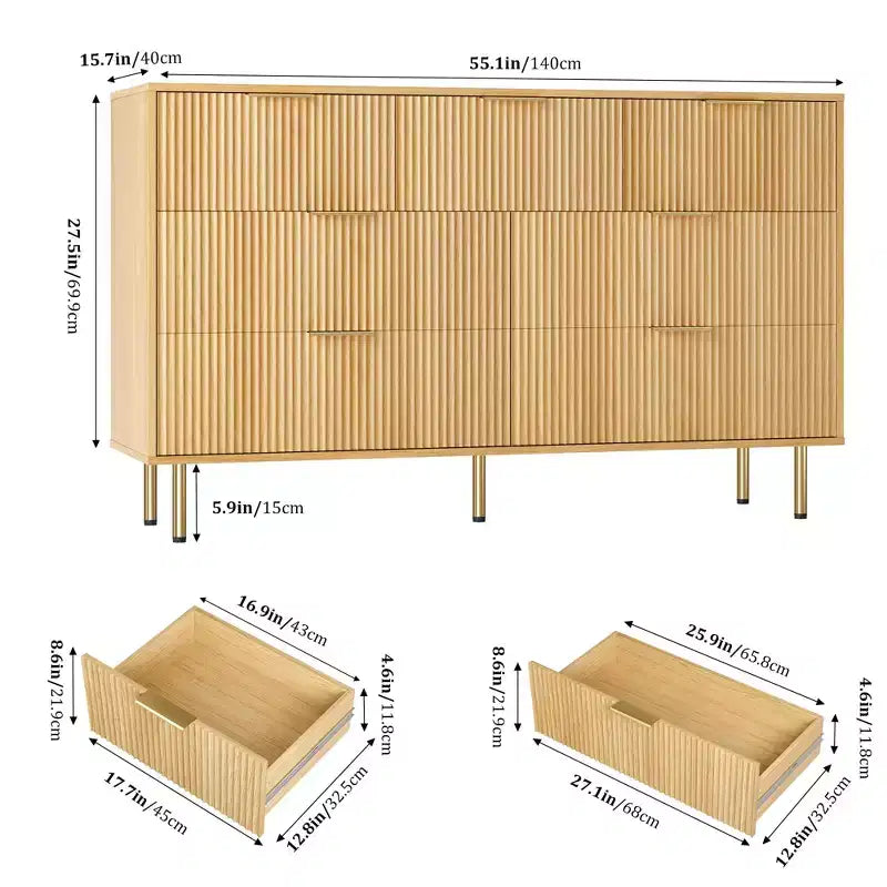 Acekool 7-Drawer Fluted Dresser with Gold Handles, Modern Storage Chest Organizer for Bedroom, Living Room, Hallway