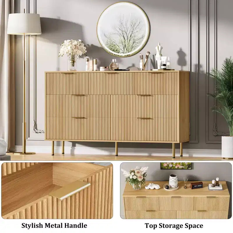 Acekool 7-Drawer Fluted Dresser with Gold Handles, Modern Storage Chest Organizer for Bedroom, Living Room, Hallway