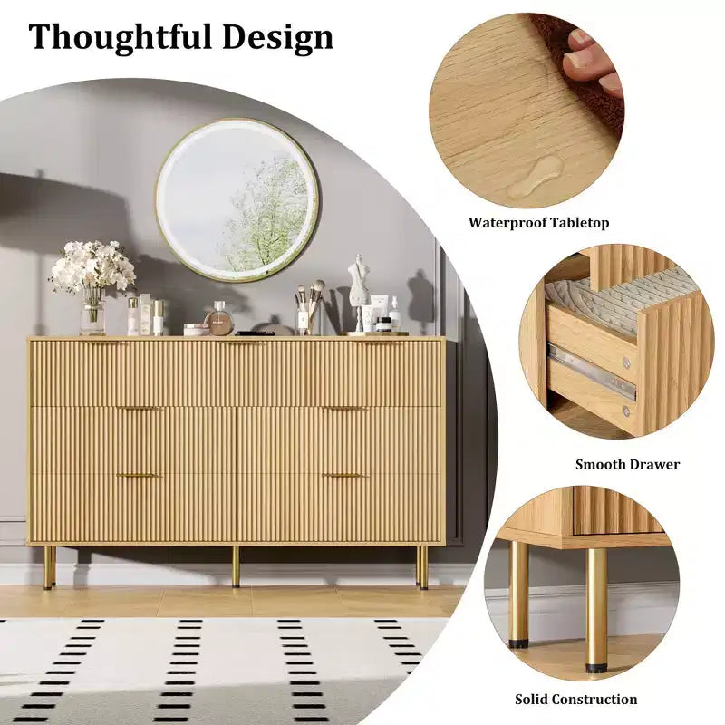 Acekool 7-Drawer Fluted Dresser with Gold Handles, Modern Storage Chest Organizer for Bedroom, Living Room, Hallway