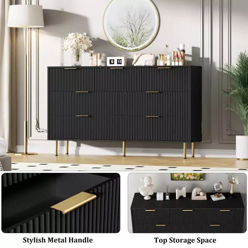 Acekool 7-Drawer Fluted Dresser with Gold Handles, Modern Storage Chest Organizer for Bedroom, Living Room, Hallway