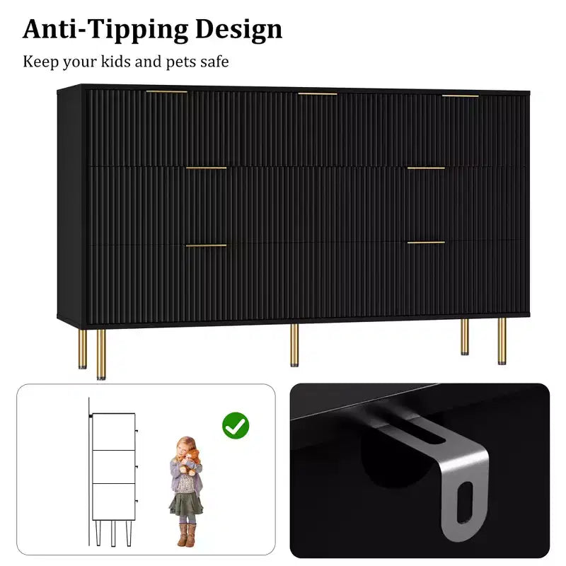 Acekool 7-Drawer Fluted Dresser with Gold Handles, Modern Storage Chest Organizer for Bedroom, Living Room, Hallway