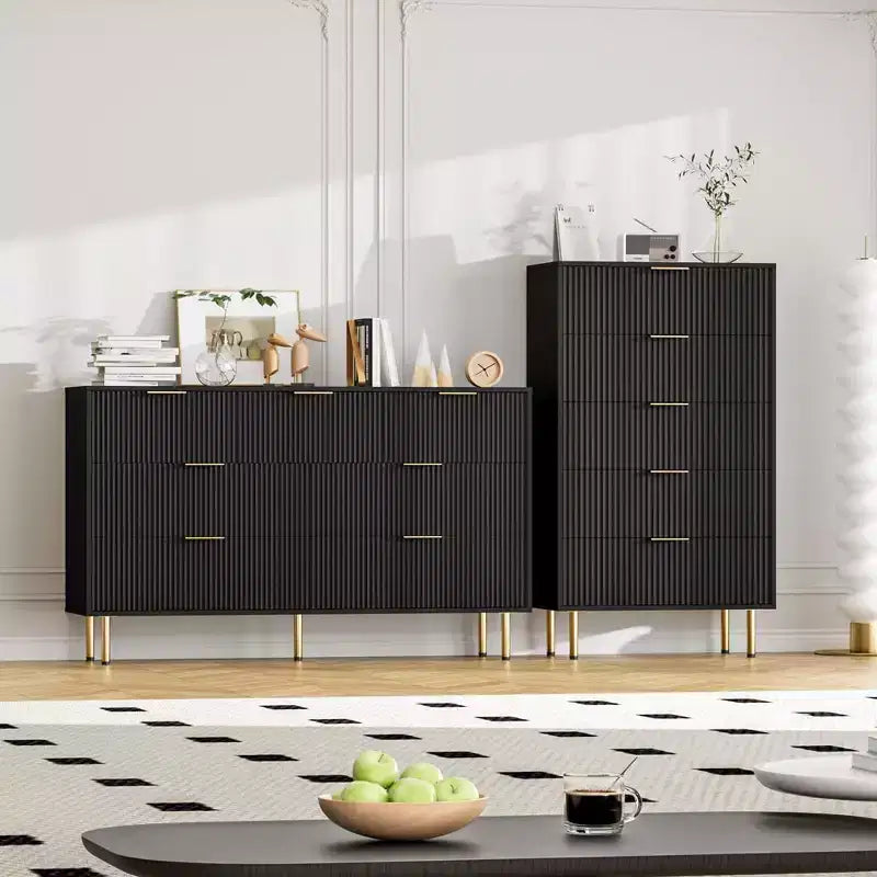 Acekool 7-Drawer Fluted Dresser with Gold Handles, Modern Storage Chest Organizer for Bedroom, Living Room, Hallway