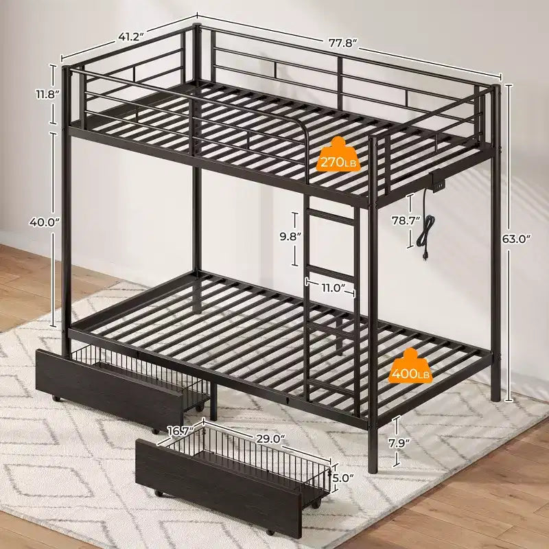Greenstell Metal Bunk Bed, Bed Frame with Storage Drawers & Charging Station and LED Light ,with Safety Guardrail & Ladders Black