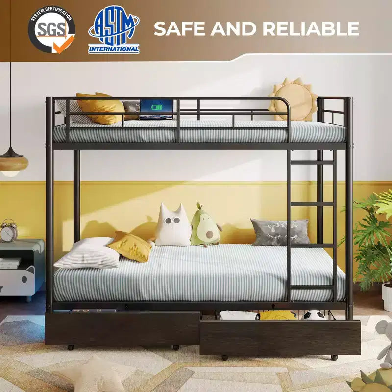 Greenstell Metal Bunk Bed, Bed Frame with Storage Drawers & Charging Station and LED Light ,with Safety Guardrail & Ladders Black