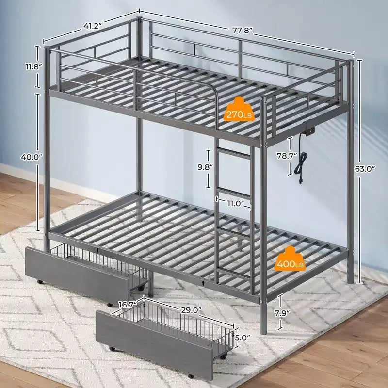 Greenstell Metal Bunk Bed, Bed Frame with Storage Drawers & Charging Station and LED Light ,with Safety Guardrail & Ladders Black