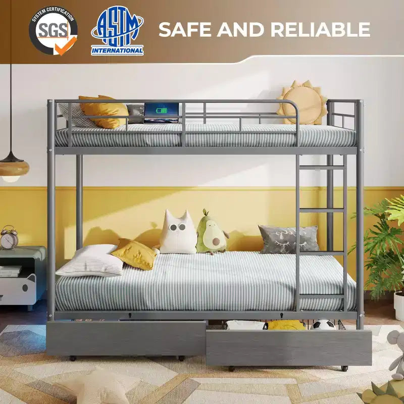 Greenstell Metal Bunk Bed, Bed Frame with Storage Drawers & Charging Station and LED Light ,with Safety Guardrail & Ladders Black