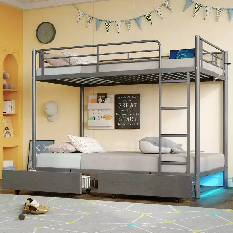 Greenstell Metal Bunk Bed, Bed Frame with Storage Drawers & Charging Station and LED Light ,with Safety Guardrail & Ladders Black