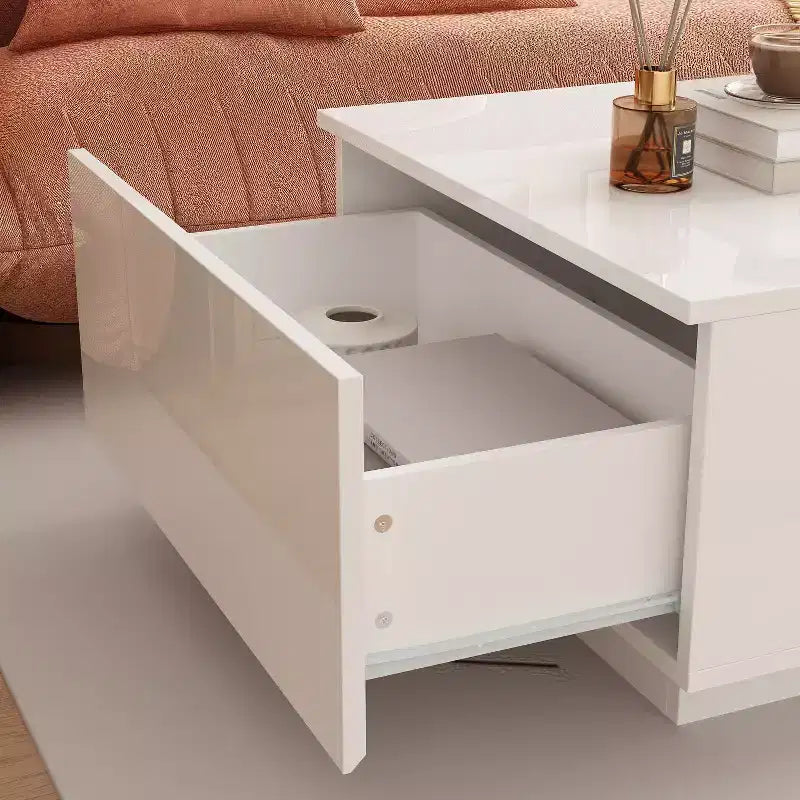 Famapy White High-Gloss LED Coffee Table  Multi-Zone Storage with Drawer & Open Compartments