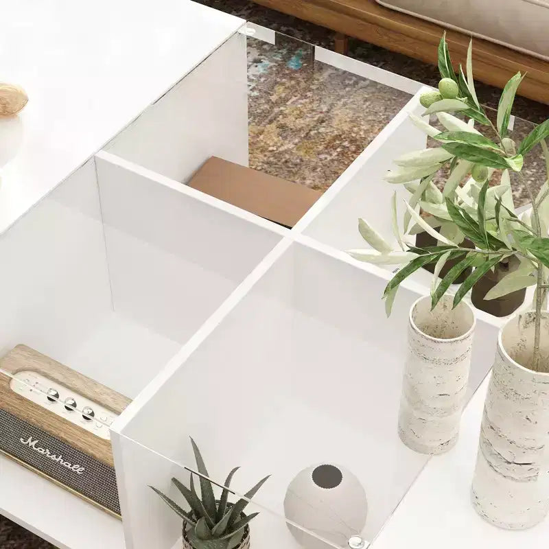 Famapy White High-Gloss LED Coffee Table  Multi-Zone Storage with Drawer & Open Compartments