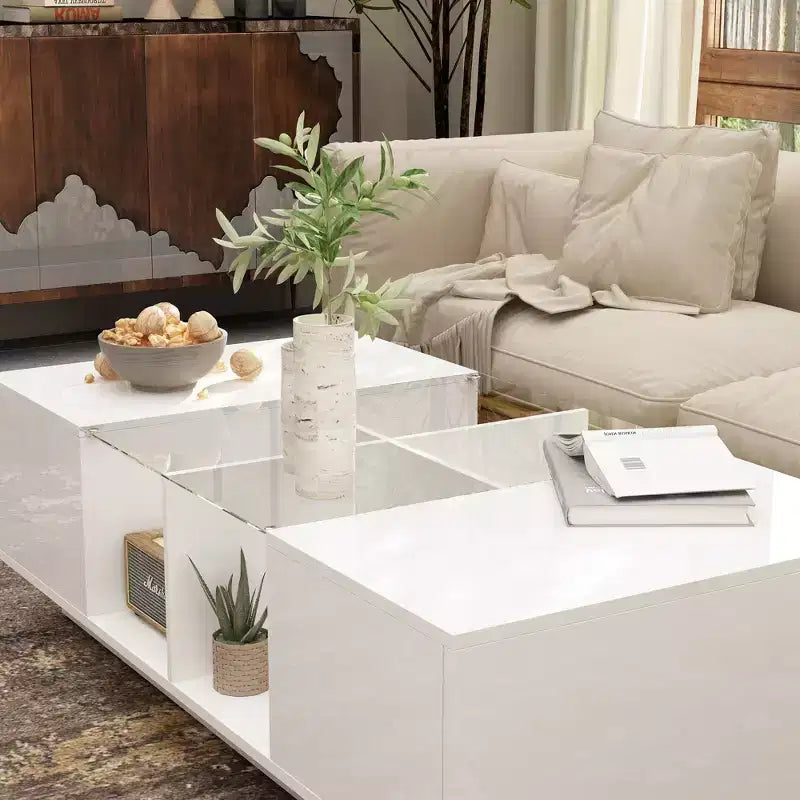 Famapy White High-Gloss LED Coffee Table  Multi-Zone Storage with Drawer & Open Compartments