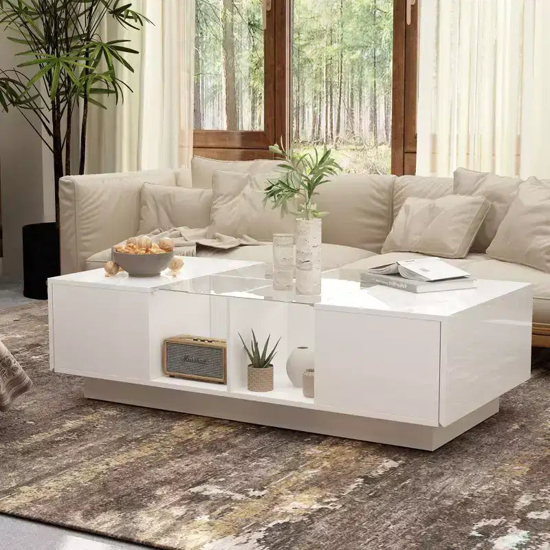 Famapy White High-Gloss LED Coffee Table  Multi-Zone Storage with Drawer & Open Compartments