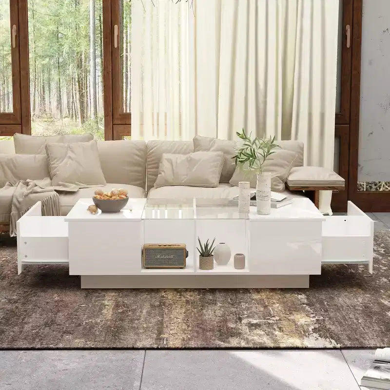 Famapy White High-Gloss LED Coffee Table  Multi-Zone Storage with Drawer & Open Compartments