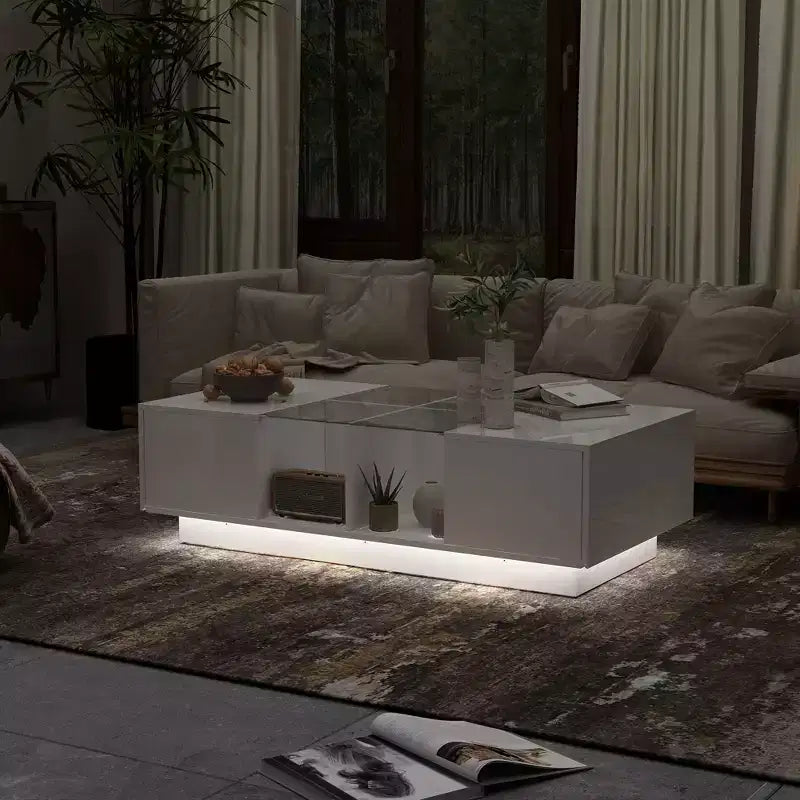 Famapy White High-Gloss LED Coffee Table  Multi-Zone Storage with Drawer & Open Compartments
