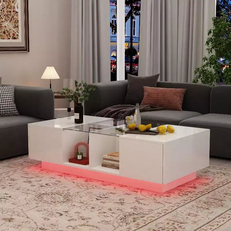 Famapy White High-Gloss LED Coffee Table  Multi-Zone Storage with Drawer & Open Compartments