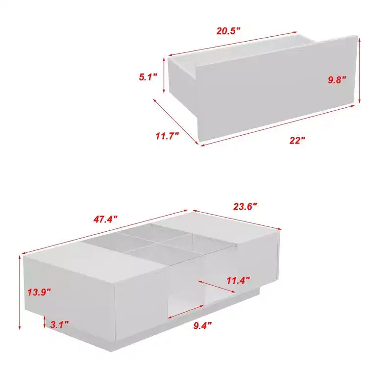 Famapy White High-Gloss LED Coffee Table  Multi-Zone Storage with Drawer & Open Compartments