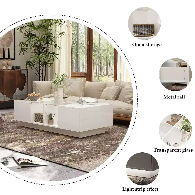 Famapy White High-Gloss LED Coffee Table  Multi-Zone Storage with Drawer & Open Compartments