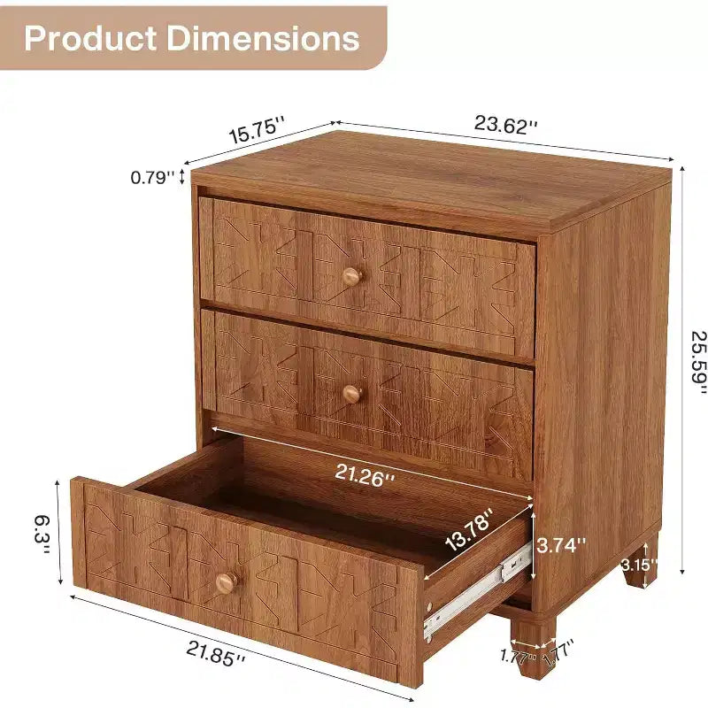 Lantine Nightstand with 3 Drawers, Farmhouse Bedside Table with Elegant Patterns, Industrial Night Stand End Table for Bedroom, Brown