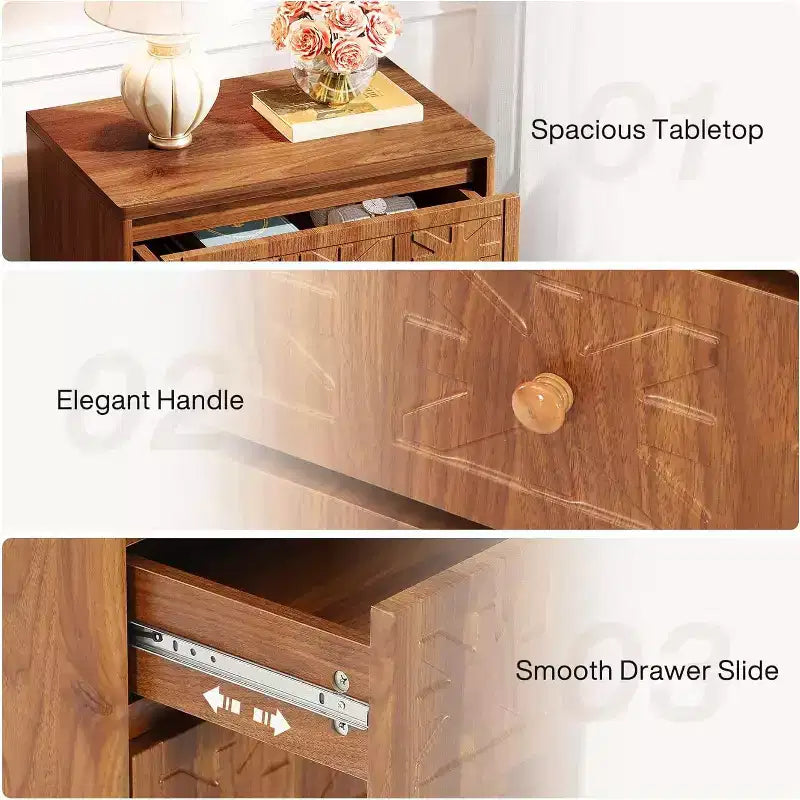 Lantine Nightstand with 3 Drawers, Farmhouse Bedside Table with Elegant Patterns, Industrial Night Stand End Table for Bedroom, Brown
