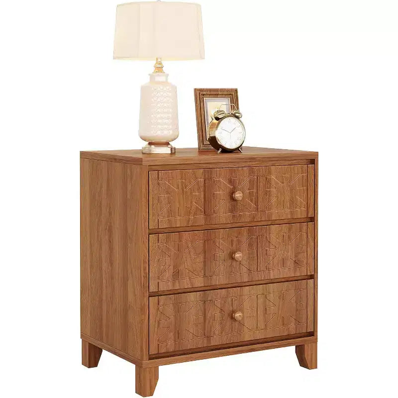 Lantine Nightstand with 3 Drawers, Farmhouse Bedside Table with Elegant Patterns, Industrial Night Stand End Table for Bedroom, Brown