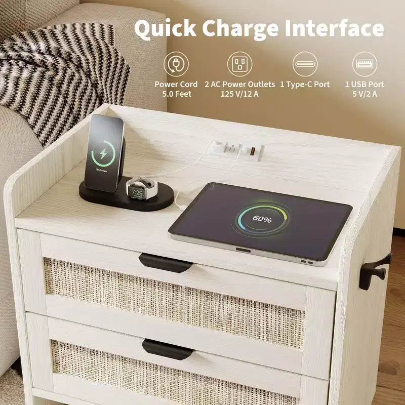Rattan Nightstand Set of 2, Bedside Tables with Type-C Charging Station, Boho Night Stands with 2 Rattan-Style Drawers, End Tables for Bedroom