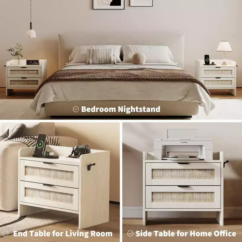 Rattan Nightstand Set of 2, Bedside Tables with Type-C Charging Station, Boho Night Stands with 2 Rattan-Style Drawers, End Tables for Bedroom