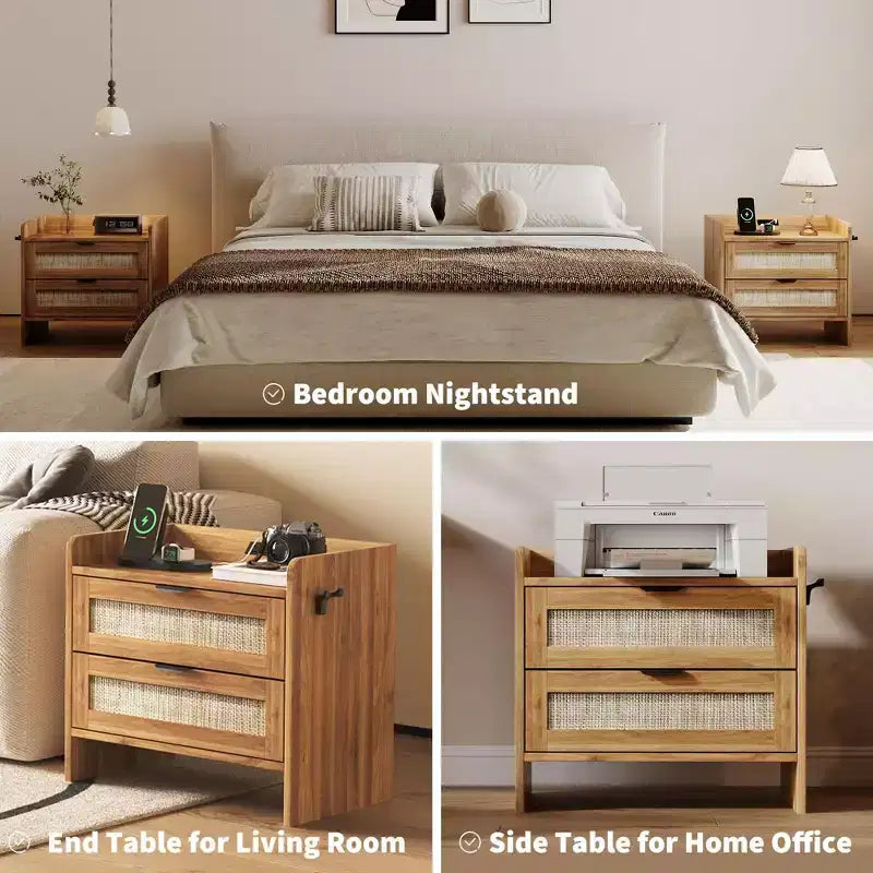 Rattan Nightstand Set of 2, Bedside Tables with Type-C Charging Station, Boho Night Stands with 2 Rattan-Style Drawers, End Tables for Bedroom