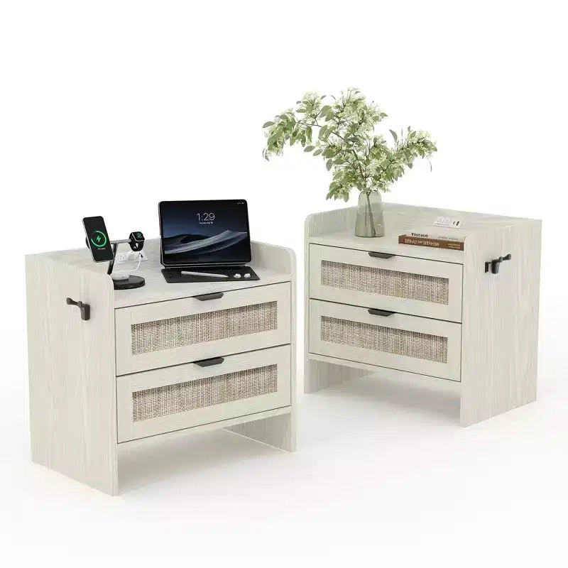 Rattan Nightstand Set of 2, Bedside Tables with Type-C Charging Station, Boho Night Stands with 2 Rattan-Style Drawers, End Tables for Bedroom