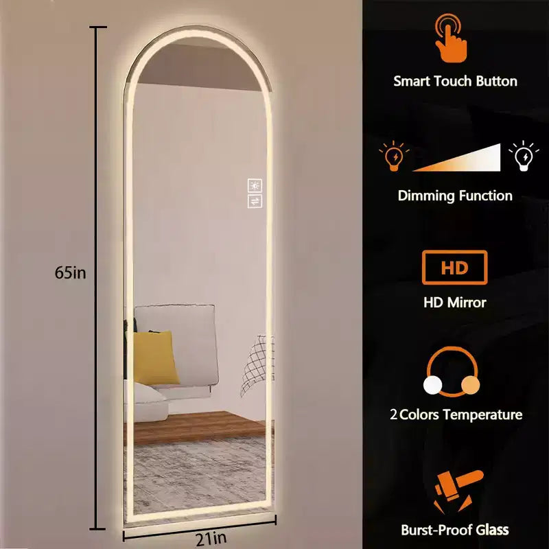 GDFStudio Astra Modern 65H Arched LED Full Length Mirror with Adjustable Light Modes