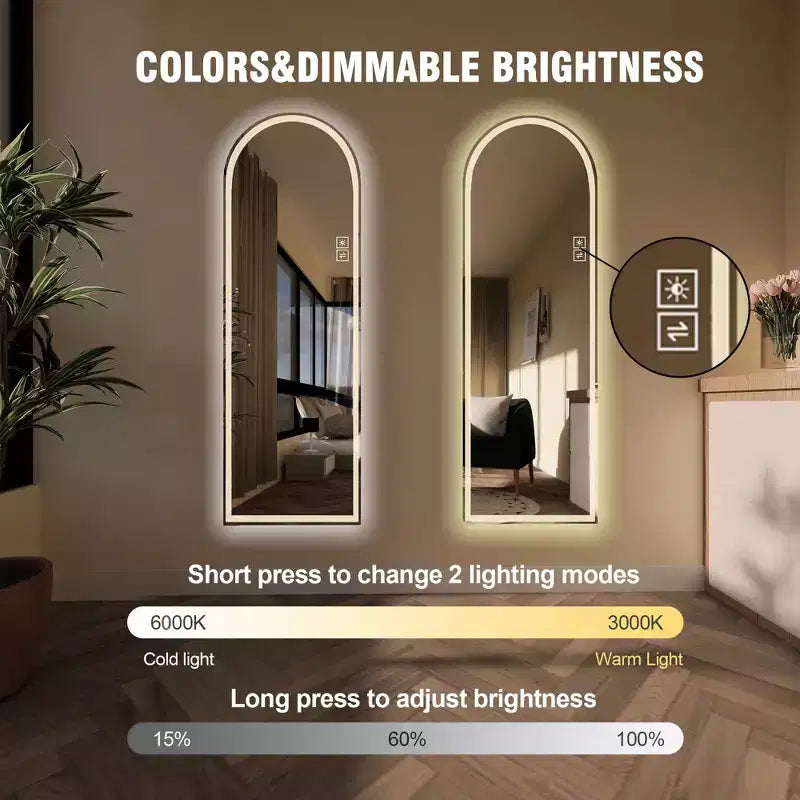 GDFStudio Astra Modern 65H Arched LED Full Length Mirror with Adjustable Light Modes