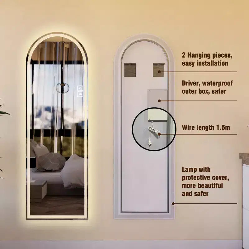 GDFStudio Astra Modern 65H Arched LED Full Length Mirror with Adjustable Light Modes