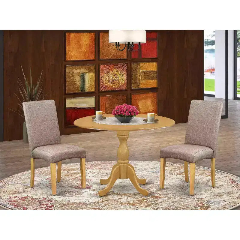3-Piece Natural Oak Finish Solid Wood Top - Dining Room Set with High Back - Seats 4