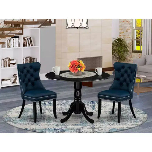 3-Piece Dining Room Set with Black Finish, Solid Wood Round Top, and Upholstered Chairs - Seats 4