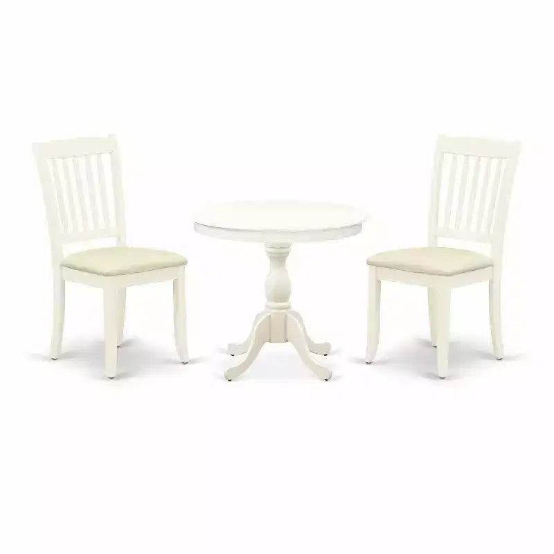 3-Piece Linen White Finish Solid Wood Top - Round Dining Room Set - Seats 4