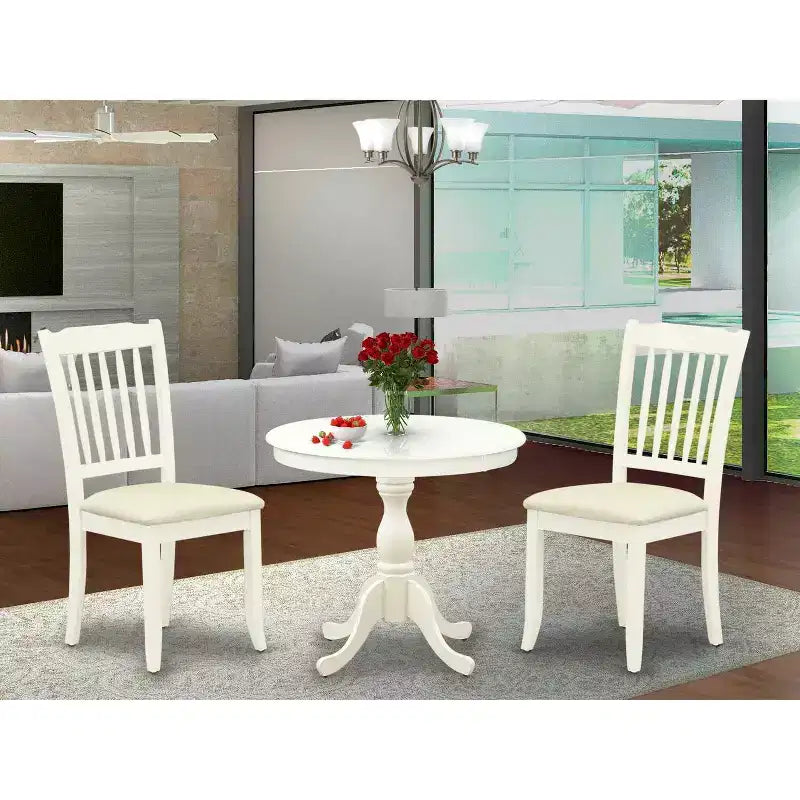 3-Piece Linen White Finish Solid Wood Top - Round Dining Room Set - Seats 4