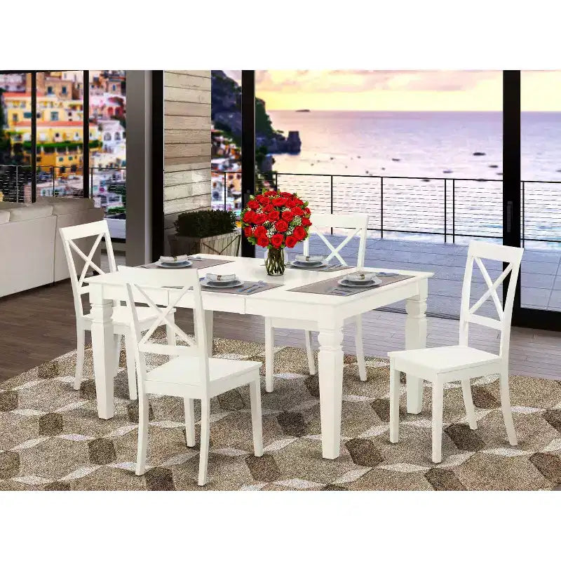 5 Piece Dinette Set - Rectangle Table with Leaf & 4 Chairs - 42x60 Inch - Linen White