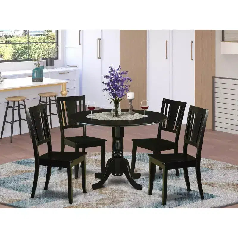 HomeStock 5-Piece Round Black Finish Solid Wood Top Dining table with 4 Chairs