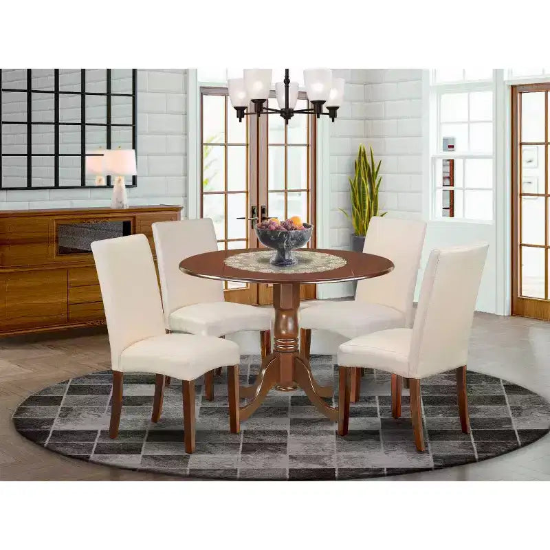 Boho Kitchen Table Set 5pc Round 42 Table w/ Drop Leaves & 4 Cream Linen Chairs