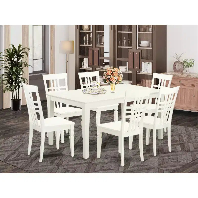 HomeStock 7-Piece Linen White Finish Solid Wood Top Dining Table with 6 Chairs