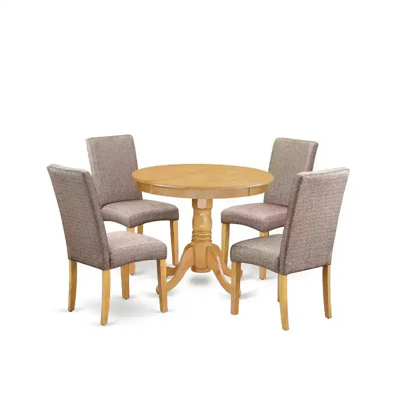 Round Dining Table Set 5pc - 36 Table & 4 Chairs - Rustic Oak Finish - Linen Fabric Dark Khaki