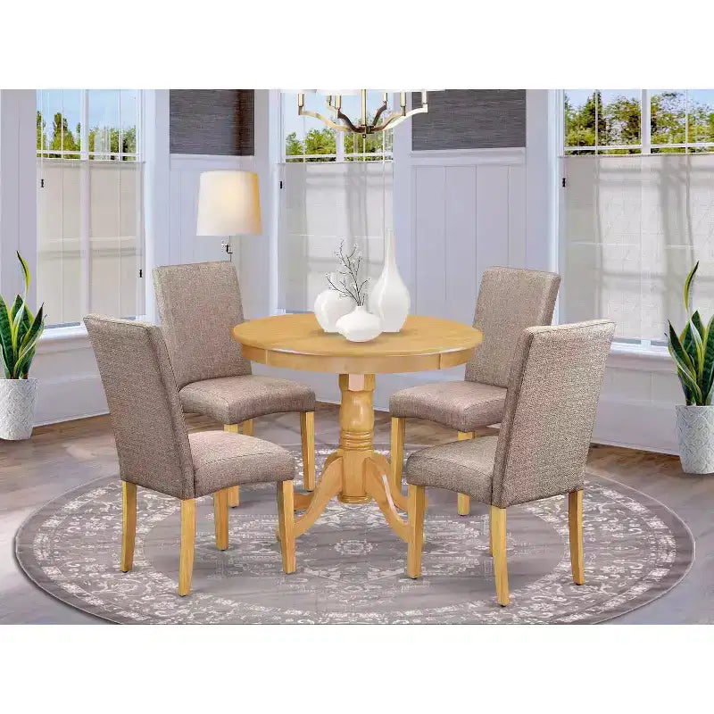 Round Dining Table Set 5pc - 36 Table & 4 Chairs - Rustic Oak Finish - Linen Fabric Dark Khaki