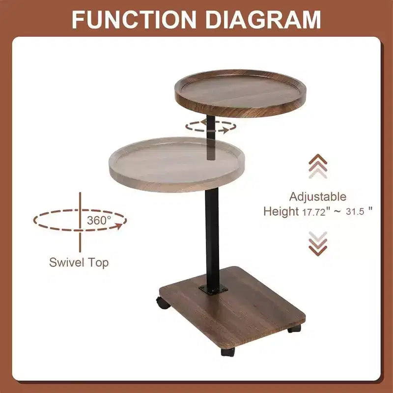 Acekool Adjustable Height C-Shaped Mobile Side Table with Wheels for Living Room Bedroom