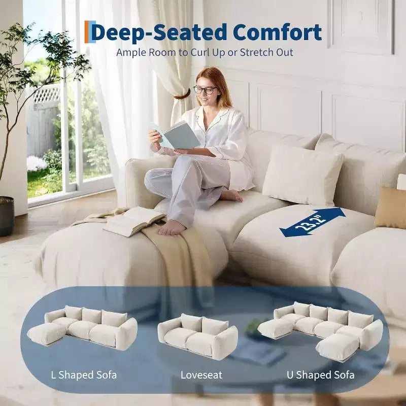 Oversized Cloud Couch Sectional: U-Shape Modular Sofa in Chenille, Deep Boneless Seat Design
