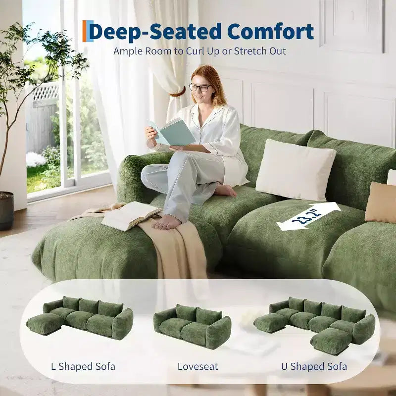 Oversized Cloud Couch Sectional: U-Shape Modular Sofa in Chenille, Deep Boneless Seat Design