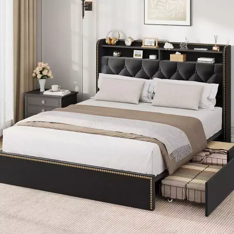 Acekool Upholstered Platform Bed Frame with 2-Tier Storage Headboard and 4 Drawers, Black Velvet