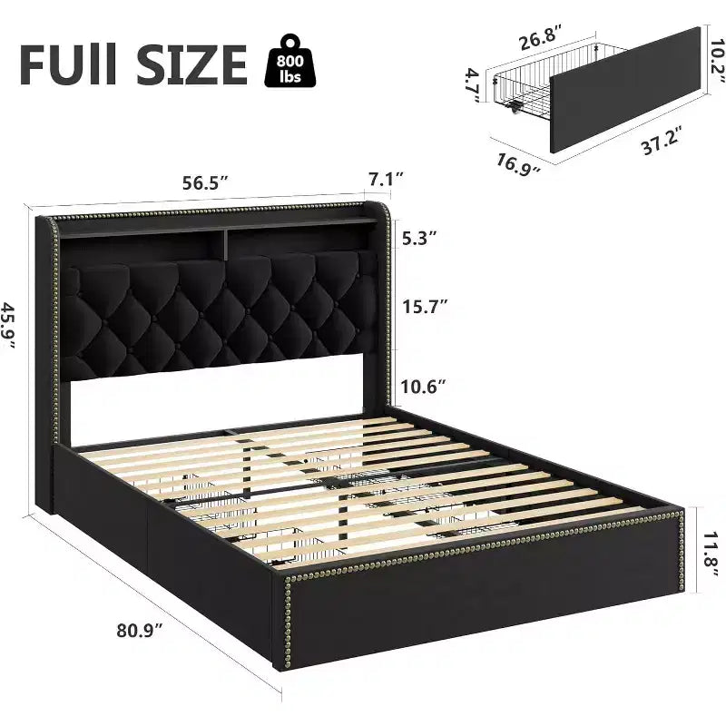 Acekool Upholstered Platform Bed Frame with 2-Tier Storage Headboard and 4 Drawers, Black Velvet
