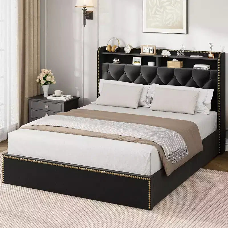 Acekool Upholstered Platform Bed Frame with 2-Tier Storage Headboard and 4 Drawers, Black Velvet