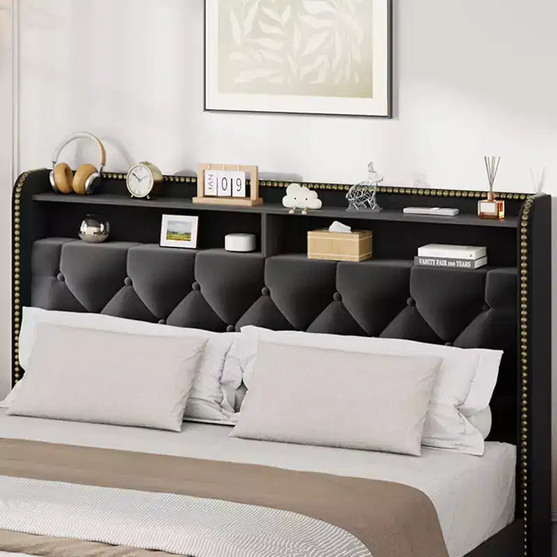 Acekool Upholstered Platform Bed Frame with 2-Tier Storage Headboard and 4 Drawers, Black Velvet