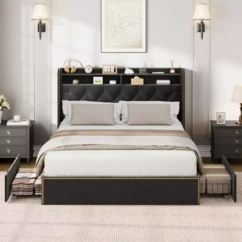 Acekool Upholstered Platform Bed Frame with 2-Tier Storage Headboard and 4 Drawers, Black Velvet