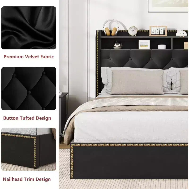 Acekool Upholstered Platform Bed Frame with 2-Tier Storage Headboard and 4 Drawers, Black Velvet