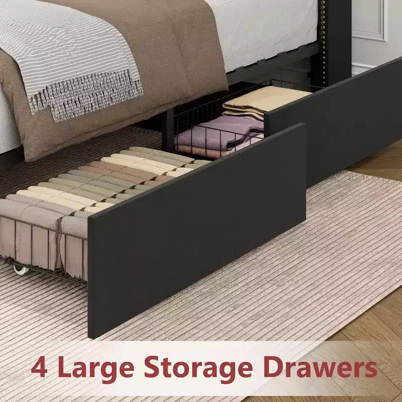 Acekool Upholstered Platform Bed Frame with 2-Tier Storage Headboard and 4 Drawers, Black Velvet